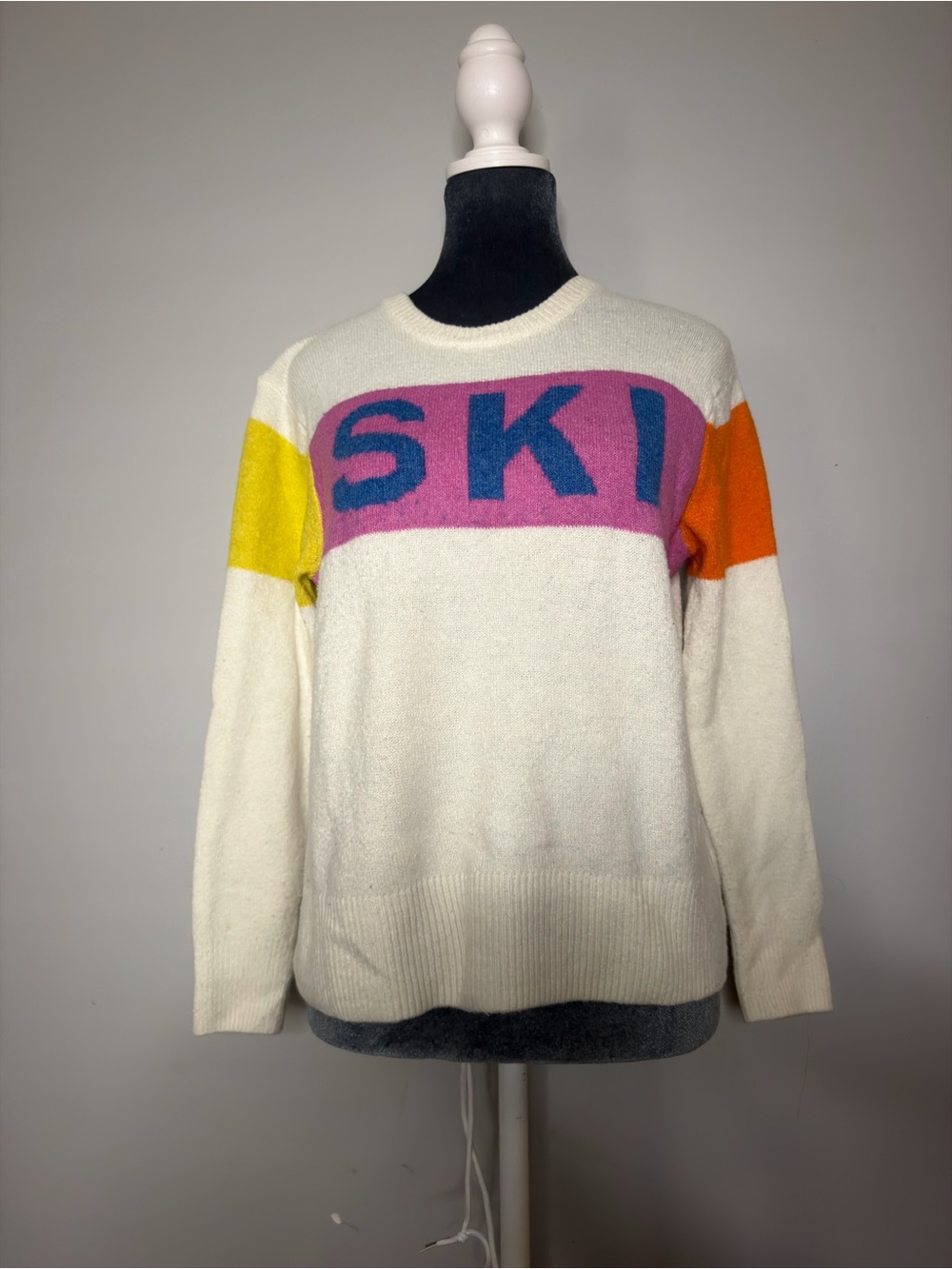 Vince Camuto Cream 'SKI' Crewneck Sweater with Pink Panel and Blue Lettering